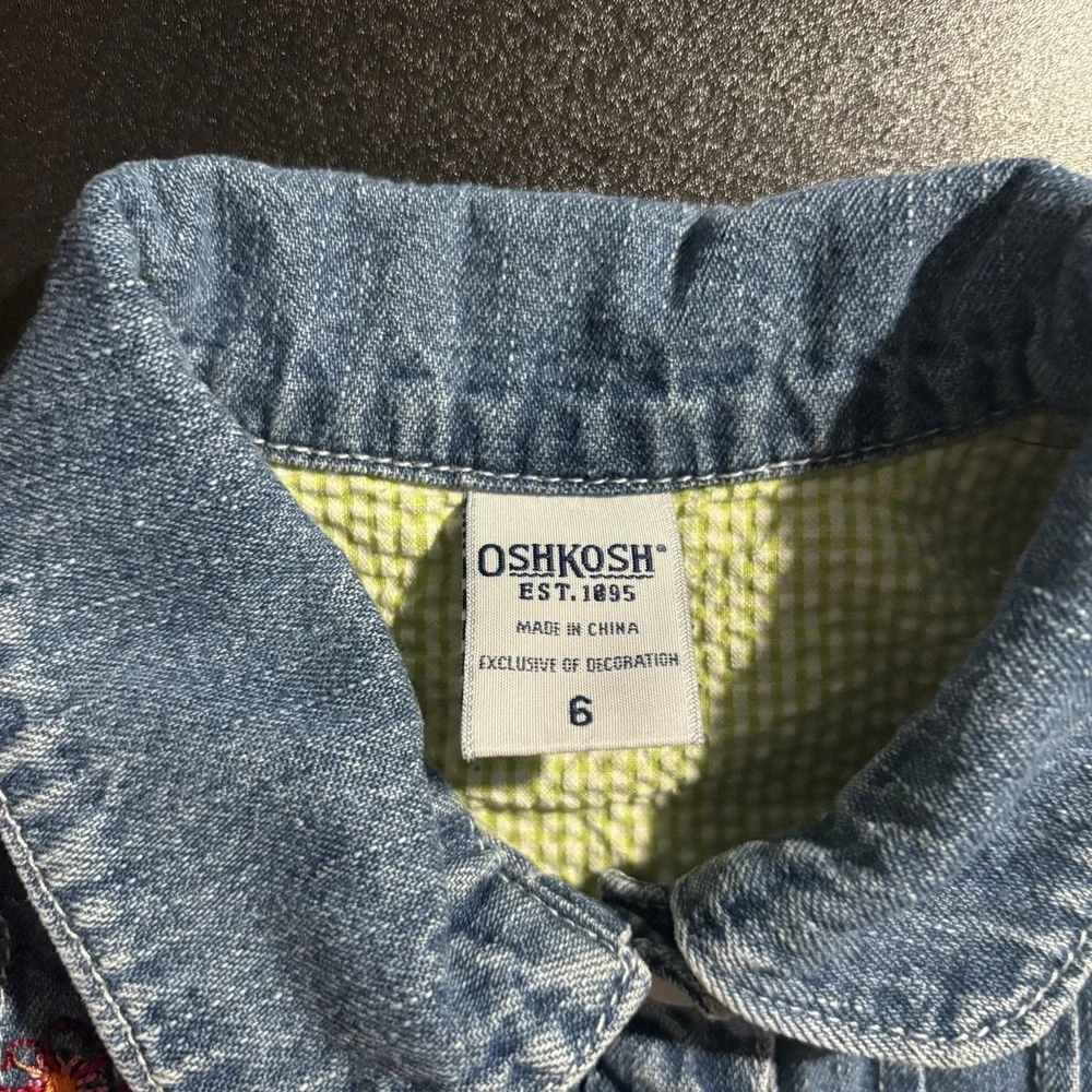 vintage OshKosh B'gosh denim dress embroidered flowers ruffled‎ hem Size 6 RARE